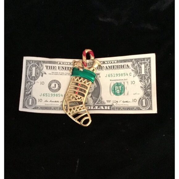 Vintage Signed JJ Goldtone Rhinestone Openwork Large Christmas Stocking Brooch - Picture 5 of 6
